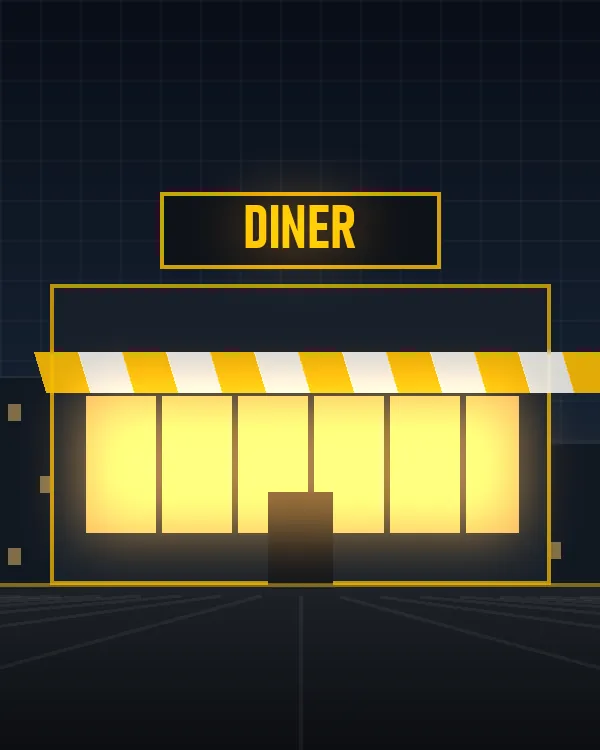 Illustration of a lit diner with a striped awning