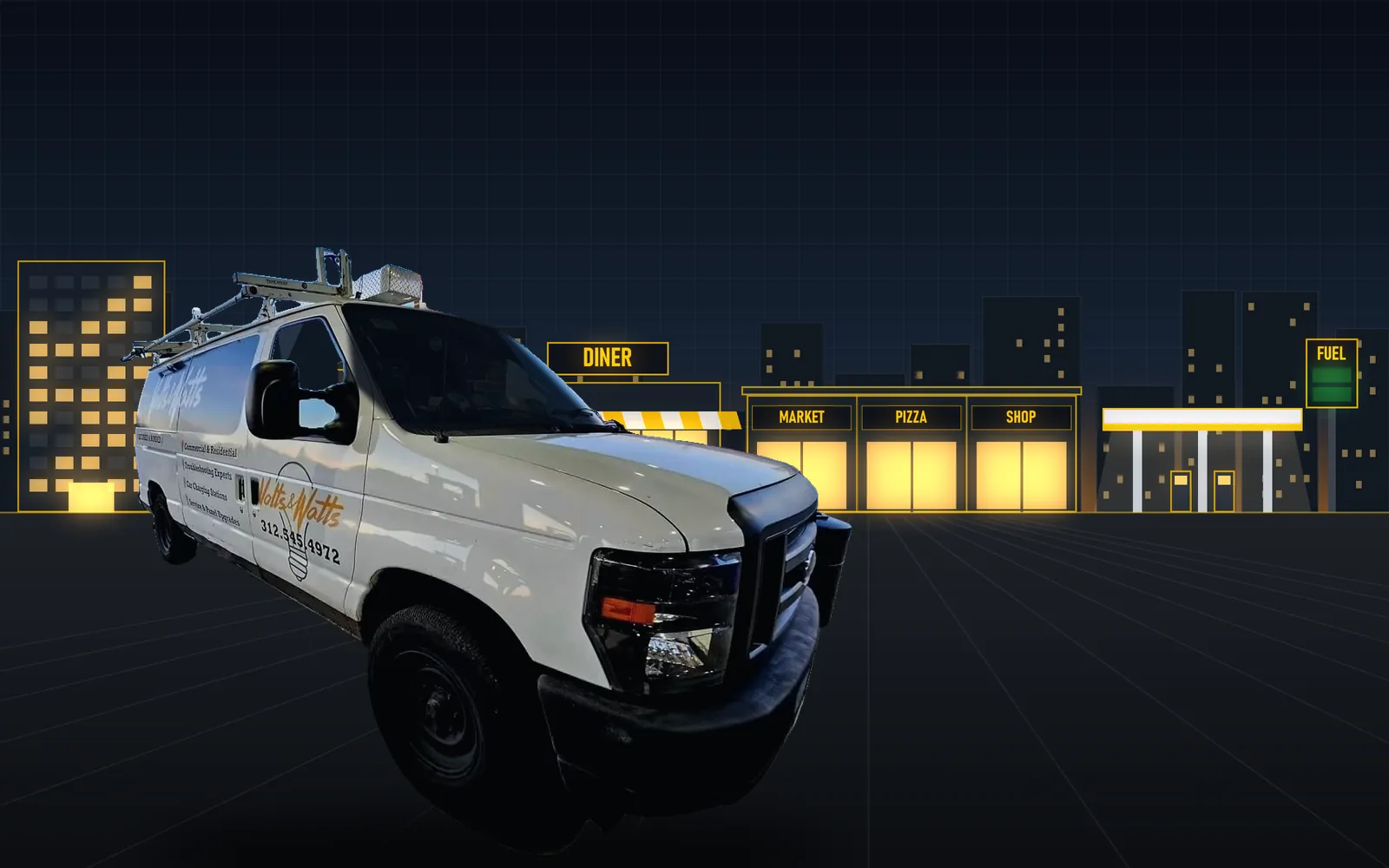 Front view of the Volts & Watts work van in front of a warehouse and storefronts at dusk